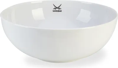 A white ceramic bowl with a logo inside.
