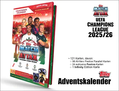 A product image of a Topps Match Attax advent calendar for the 2025/2026 UEFA Champions League season, featuring player images and product details.