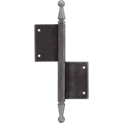 A single metal door hinge with decorative finials on a white background.