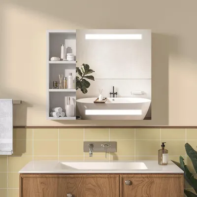 Produktbild von Spiegelschrank Bad mit LED Beleuchtung 70x60 cm, IR Sensor Spiegel, Anti-Beschlag Funktion, Steckdose, Badezimmerschrank (1 Tür, rechts öffnend)