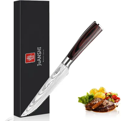 Image de Couteaux à steak, lame dentelée en acier inoxydable à haute teneur en carbone, 11,4 cm, manche en bois