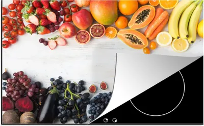 Produktbild von KitchenYeah© Herdabdeckplatte Obst - Regenbogen - Erdbeere - Weintrauben - Papaya , 77x51cm, Küche Deko, Glaskeramikkochfeld Herdabdeckung, Abdeckplatte fùr Kochfeld