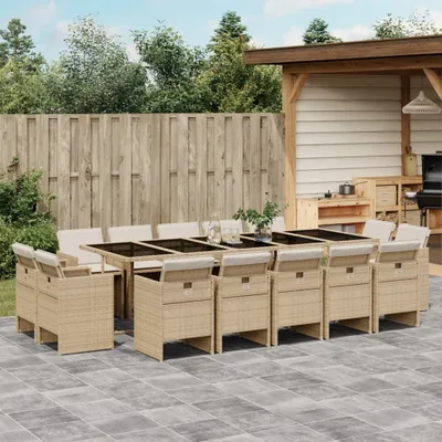 Produktbild von Design 15-tlg. Garten-Essgruppe mit Kissen Beige Poly Rattan, Gartenmöbel-Sets 2024 Neu