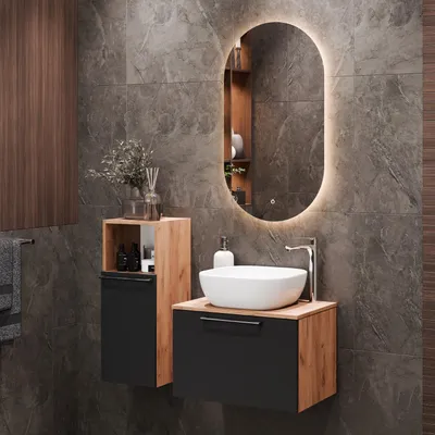 Produktbild von Planetmöbel Waschtischunterschrank Astra 60 cm Gold Eiche/Anthrazit mit weißem Waschbecken und Midischrank