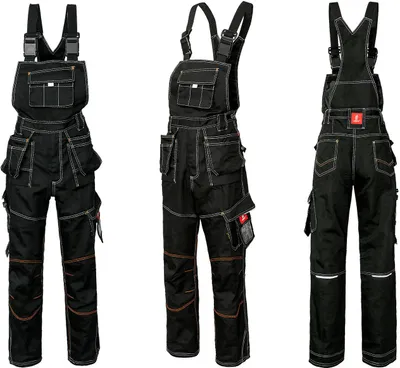 Three views of black work overalls with white stitching and orange accents.
