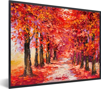 Produktbild von MuchoWow® Gerahmtes Poster Gemälde - Bäume - Herbst - Ölgemälde 80x60 cm - Poster mit Schwarzem Bilderrahmen Wandposter Rahmen Foto Bilder - Schwarzem - Mit Gestell
