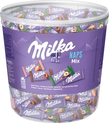 Immagine prodotto di Milka Naps Mix in lattina Latte Alpino Nocciola Fragola Creme Cacao per l'ufficio 1000g