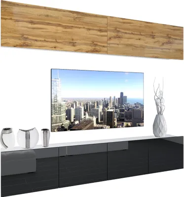 Produktbild von BELINI Wohnwand Vollausstattung Wohnzimmer-Set Moderne Schrankwand mit LED-Beleuchtung Weiß Glänzend Anbauwand TV-Schrank Wotan Eiche / Schwarz Glänzend/Matt