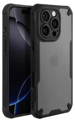 A black protective case for an iPhone 16 Pro is shown diagonally against a light gray background.