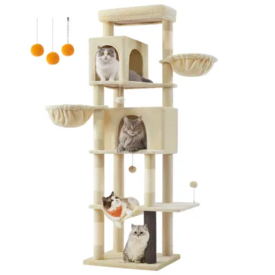 A multi-level cat tree with several cats on it, against a white background.
