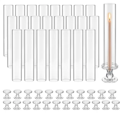 Image de Lot de 24 cylindres en verre VEVOR pour bougies, photophores « Hurricane » 60 x 390 mm, verres à bougie en verre borosilicaté, photophores sans fond avec socle, cache-bougies pour mariages et Noël