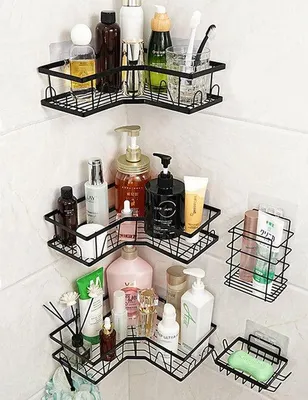 Immagine prodotto di Uniqoos® - Scaffale angolare per doccia, nero, in acciaio inossidabile, elegante e salvaspazio, ideale per il bagno e la cucina, senza necessità di foratura