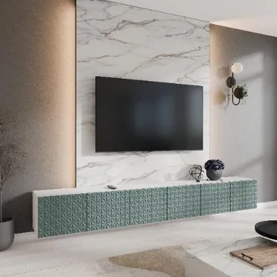 Obrázek produktu pro Margaret Hadas24 TV skříňka Cali TV skříňka TV lowboard 300 cm závěsná moderní design obývací pokoj montáž na zeď, TV nábytek bílá, zelená