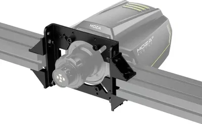 A black metal mount attached to a racing wheel base, which is mounted on a silver aluminum profile extrusion.