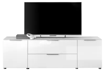Produktbild von TV Lowboard - 180 x 54 cm - 2 Türen - 1 Schublade - 1 Klappe - Weißglas - Weiß matt