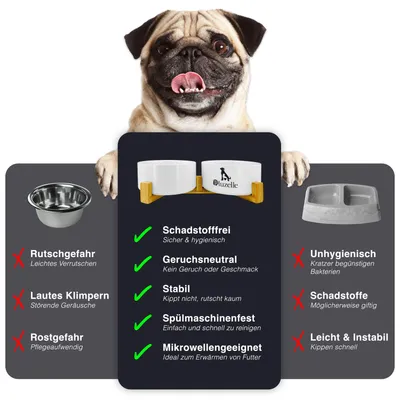 Produktbild von BLUZELLE Hundenapf Set Erhöht 2x 850ml – Keramik Napfstation 2in1 mit Bambus Holzgestell – BALANCE BOWL (XXL) – Rutschfeste Futterbar für Hunde & Katzen – Marke aus Berlin, Farbe:Weiß