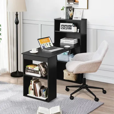 Produktbild von Schreibtisch mit Bücherregal, Computertisch PC-Tisch Bürotisch mit Seitenregal rechts oder Links, Officetisch Arbeitstisch 6 Regalen, PC Gaming Tisch Laptoptisch Holz für Home Office (Schwarz)