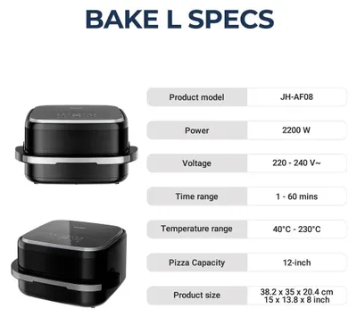 Produktbild von Multifunktionaler 11-in-1 Pizzaofen & Heißluftfritteuse - Tischgerät - Für 30 cm Pizza - 220V - EU-Stecker - Schwarz
