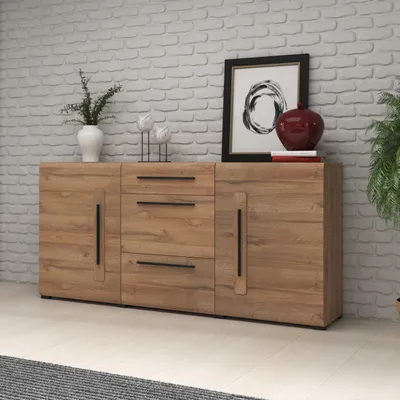 Produktbild von Masseno Kommode TULLIA 180 cm Sideboard mit 3 Schubladen und 2 Türen für Wohnzimmer Schlafzimmer Modern 180x39x86 cm Eichefarben / Eichefarben