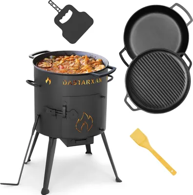 Produktbild von Ø36cm Uchag 2mm Stahl mit Gusseisenpfanne Bräter mit Deckel-Grillpfanne aus Gusseisen Utschak Schmortopf Feuerstelle Utschag Campingofen Grillfächer Pfannenwender Feldküche Außenküche