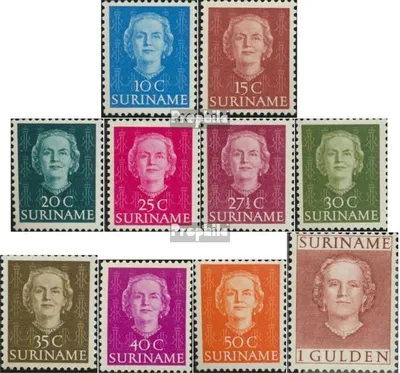 Produktbild von Briefmarken Suriname 1951 Mi 320-329 (kompl.Ausg.) Jahrgang 1951 komplett postfrisch Königin Juliana