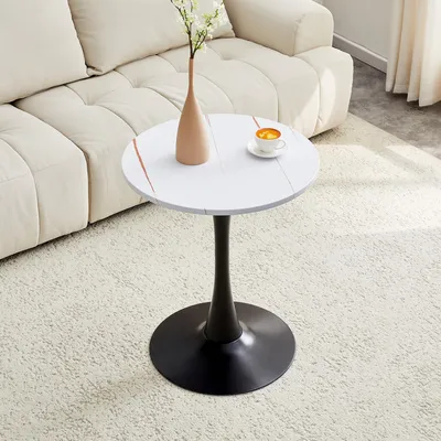 Image de Table d'appoint ronde Ø 60 cm – Petite table à manger blanche aspect bois avec pied en métal noir, table basse moderne en MDF pour le salon et la cuisine