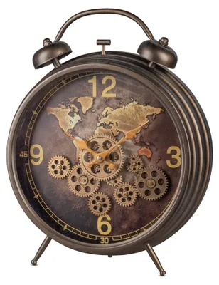 Produktbild von Tischuhr, Standuhr WELTKARTE ANTIK H. 48cm mit drehenden Zahnrädern gold Formano
