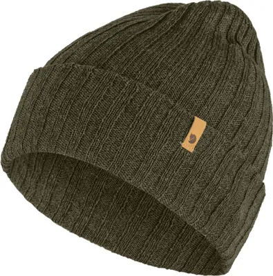 A close-up studio shot of a dark olive green knitted beanie.