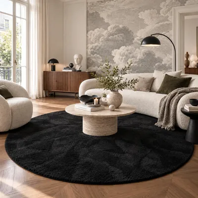 Produktbild von Hochflor Shaggy Teppich Palace Schwarz Rund, Größe:133 cm Rund