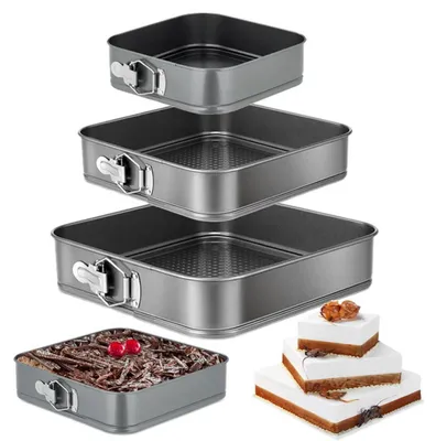 Image de Lot de 3 moules à charnière carrés, antiadhésifs, en acier au carbone, de 12/18/24 cm