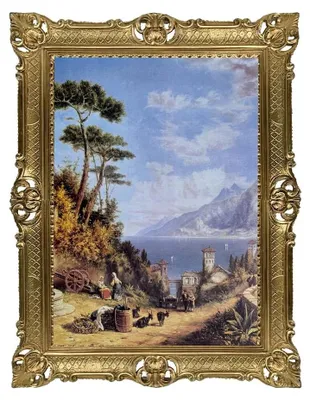 Image de Elzusha - Peinture représentant la côte méditerranéenne, dimensions 90x70 cm, avec cadre baroque doré