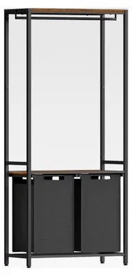 Produktbild von Wäschekorb mit Garderobenständer, Wäschesammler mit 2 Fächern, 73 x 33 x 177 cm, Kleiderständer, Wäschebox, abnehmbarer Wäschesack, 2 x 46 L, vintagebraun-klassikschwarz