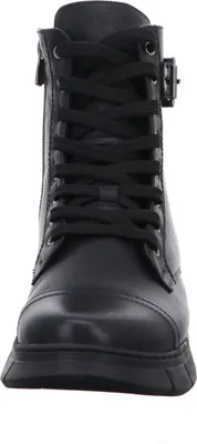 A front view of a black leather combat boot.