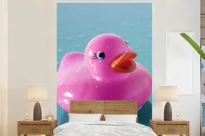 Produktbild von MuchoWow® Fototapete für Wohnzimmer oder Schlafzimmer Wandtapete Vinyl Motivtapete Gummi-Ente - Rosa - Blau - 180x280 cm - Wallpaper