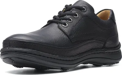 A black leather shoe is shown from a side angle against a white background.