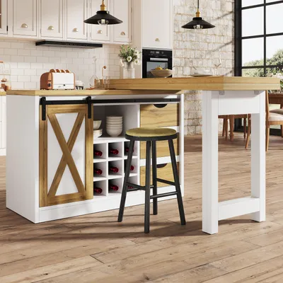 Immagine prodotto di Isola da cucina STILVORA con tavolo da pranzo estendibile e cassetti, credenza da cucina con portabottiglie estraibile, mobile contenitore con ampio spazio di stoccaggio