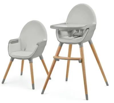 Image de Kinderkraft FINI 2 Chaise haute 2en1 - Plateau réglable - Assise éco-cuir - Pieds en hêtre - Harnais 5 points - Pieds antidérapants - Gris