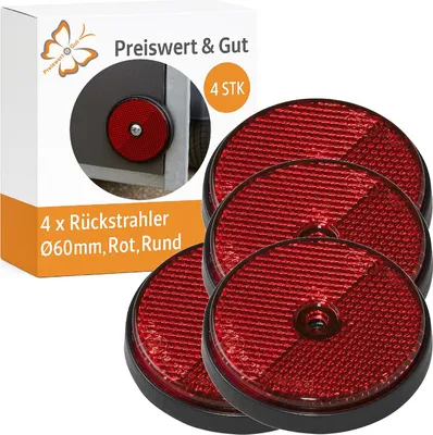 Produktbild von 4x Rückstrahler rund rot Ø60 mm E4  mit Schraubloch Ø5 mm wetterfest für Anhänger PKW Wohnmobil LKW