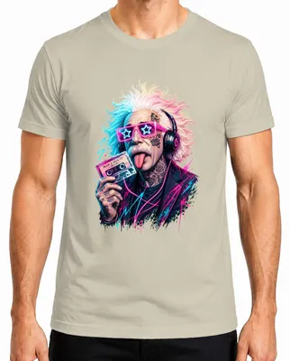 Imagen del producto de Camiseta para hombre de los años 80 con el texto: "Genialidad musical, atemporal", "Albert Einstein", "Sarcasmo", en color natural