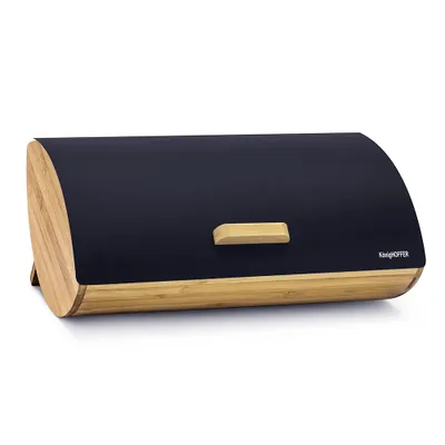 A black and wood bread box on a white background.
