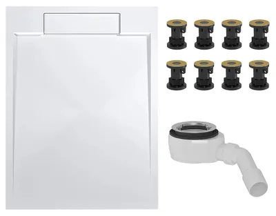 Produktbild von CERANO - Duschwannen-Set "Loro" – rechteckig – Gussmarmor – weiß, matt – 120x80 cm + Füße + Duschwannensiphon