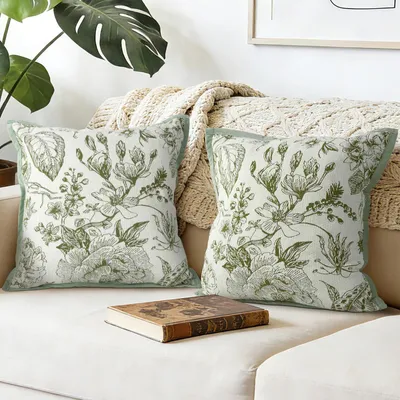 Immagine prodotto di Cuscini decorativi, set da 2, 45x45 cm, verde, motivo tropicale con fiori e foglie, tessuto jacquard, effetto velluto