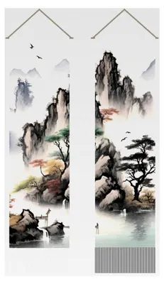 Produktbild von Wandteppich mit asiatischer Landschaftsmalerei. Orientalische Tuscheästhetik, Berglandschaft, japanische Kunstfertigkeit, Quasten-Wandteppich zur Dekoration (45,7 x 13 Zoll)