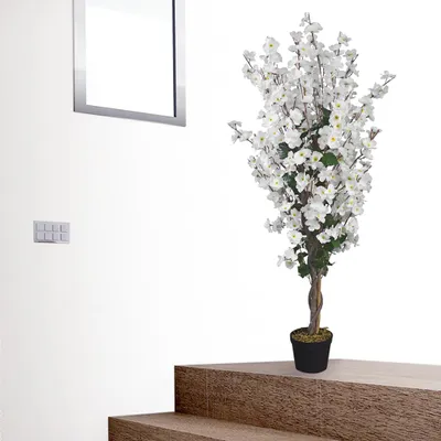 Produktbild von Decovego Künstlicher Kirschbaum, Kunstpflanze, Kirschblütenbaum 120 cm, Deko für Wohn- & Büroräume, Stamm aus Echtholz, Allergikerfreundlich & Pflegeleicht