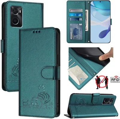 Produktbild von Leder Hülle für Oppo A36 / A76 / A96 4G Süße Katze Flip Case Brieftasche Schutzhülle mit Standfunktion Grün