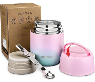 Immagine prodotto di Contenitore termico per alimenti da 500 ml, in acciaio inossidabile, con cucchiaio, a prova di perdite, color verde e rosa