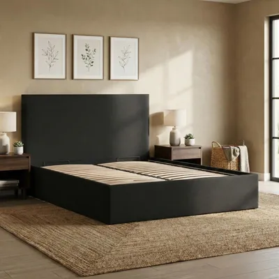 Produktbild von Polsterbett PAOLA 140x200 – Modernes Doppelbett mit Kopfteil und Holzlattenrost, ohne Bettkasten Schwarz Geflecht