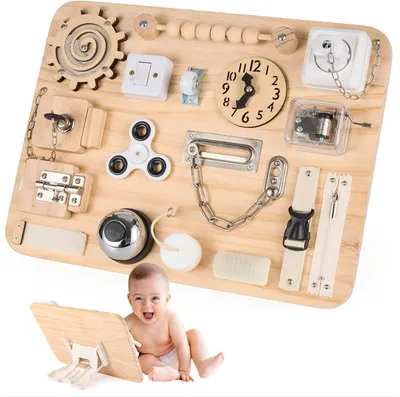 Immagine prodotto di Tavola attività Montessori - Giocattolo in legno per bambini - Giocattolo sensoriale e motorio per bambini - Pannello educativo con attività