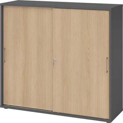 Produktbild von bümö Schiebetürenschrank office - 3 Ordnerhöhen - Nachbildung: Graphit/Eiche, Griff: Bügelgriff (Metall)