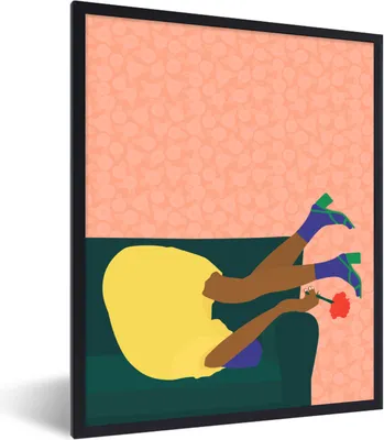 Produktbild von MuchoWow® Gerahmtes Poster Frau - Blumen - Retro 60x80 cm - Poster mit Schwarzem Bilderrahmen Wandposter Rahmen Foto Bilder - Premium - Wanddeko Wohnzimmer
